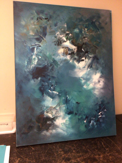 36"  X 48" Dark Blue & White Abstract Oil Painting On Canvas