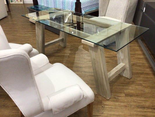 72" Crate & Barrel Madison Glass Top Bleached Wood Desk