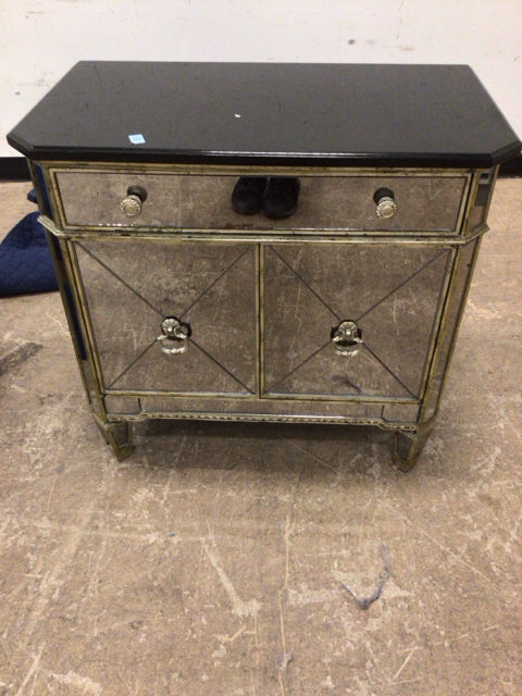 30" X 17" Mirrored One Drawer Black Stone Top Nightstand