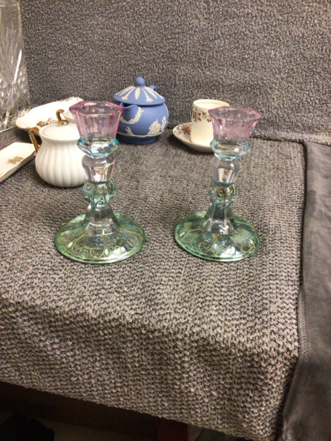 Pair Of Light Green Glass Gold Accent Candle Holders