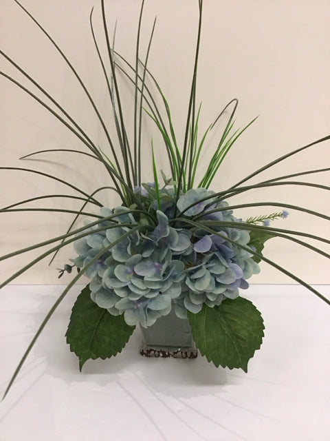 Blue Hydrangea Florals In Distressed Planter
