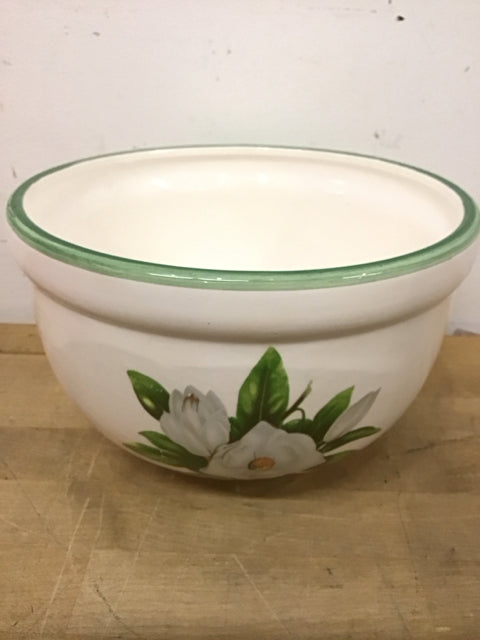 8.5"x5" White W/Green Ceramic Magnolia Bowl