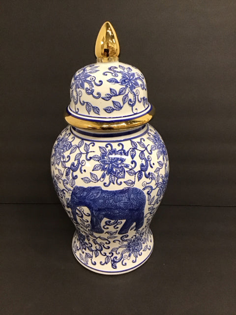 15" Blue/White Painted Urn w/Gold Accents