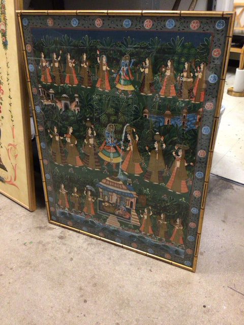 36 1/8" X 46 1/4" Bamboo Style Framed Indian Art