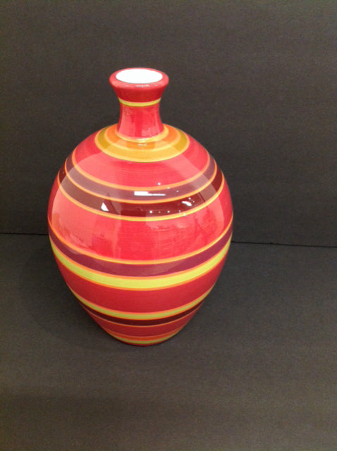 12" Orange Vase w/Colored Stripes Narrow Vase
