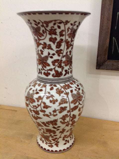 Vase- 20" Brown & White Ceramic Floral