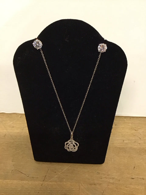 18" Cartier Style 925 Silver Necklace/Stud Earrings Set