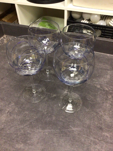 8" Set Of 4 Clear Blue Swirl Wine Glasses