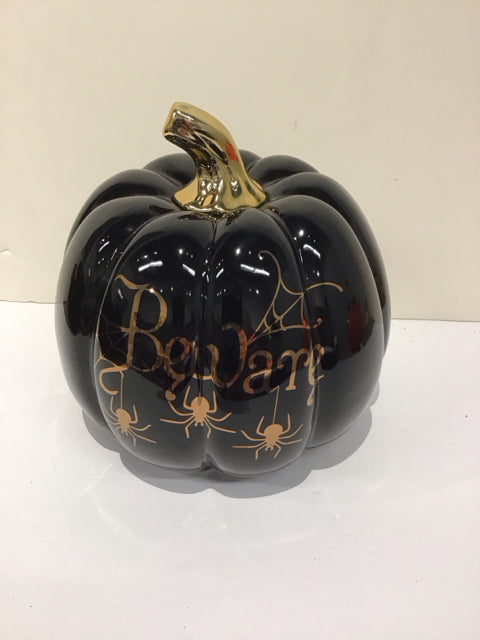Black Ceramic "Beware" Pumpkin w/Stem