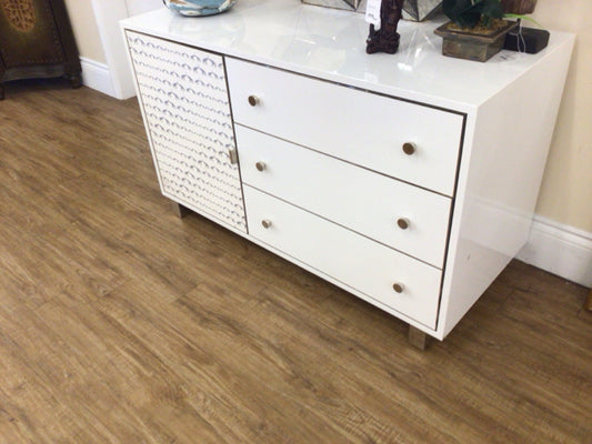 AS-IS Custom White Lacqured Three Drawer One Door Dresser(Trim Above One Drawer)