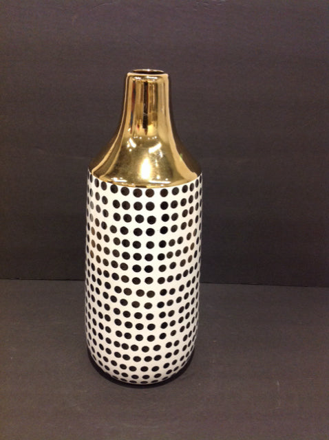 17" White Ceramic Vase w/Gold Top & Black Dots
