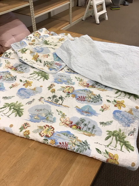 QUEEN Tropical Quilted Bedspread w/2 Shams