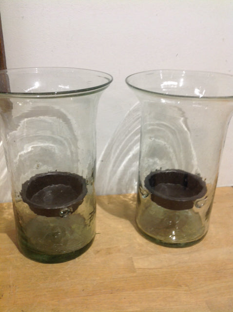 Candle Holders - 14" Pair Of Glass & Metal