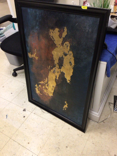27" X 39" Black Framed Red/Dark Blue/Gold Abstract Oil Painting On Canvas