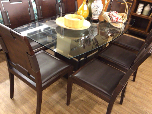 Glass Top Dark Wood Pedestal Dining Table