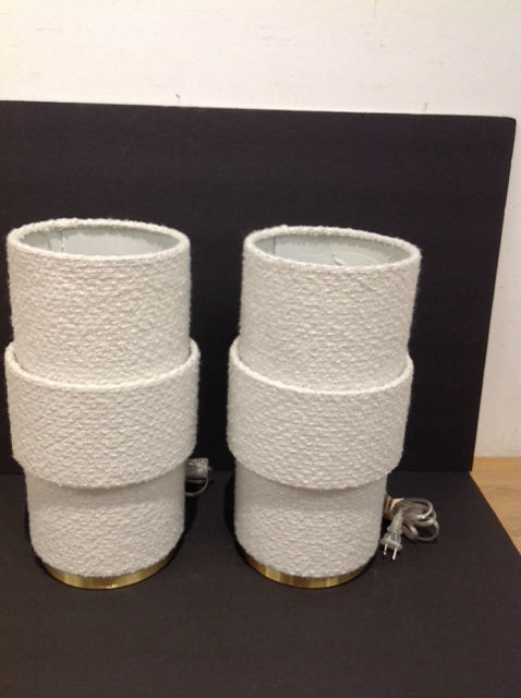 15" Pair White Boucle Fabric Lamps