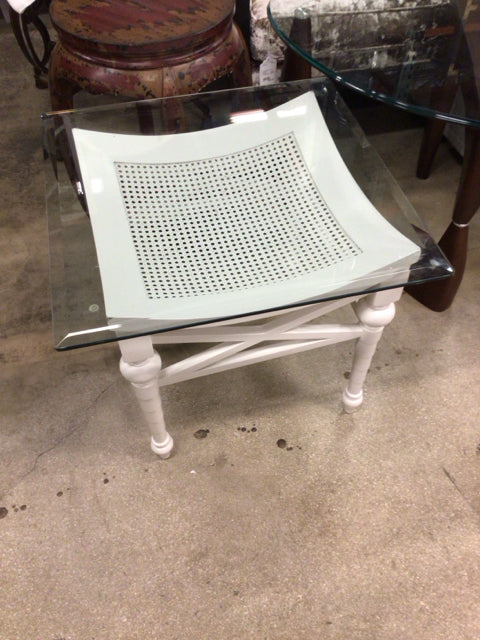 White Wood & Cain Glass Top End Table