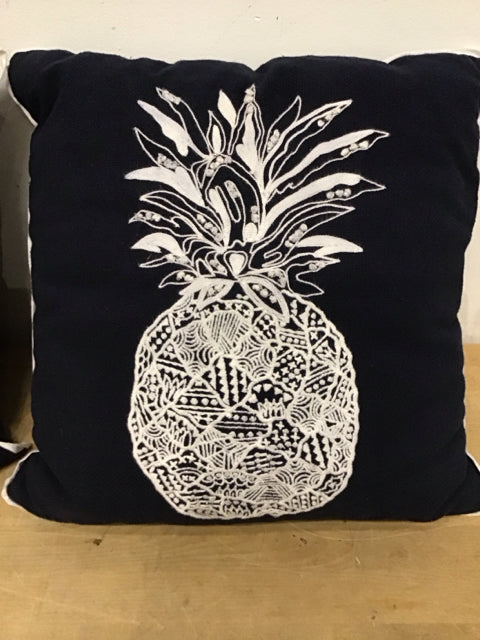 16" Navy & White Embroidered Pineapple Pillow
