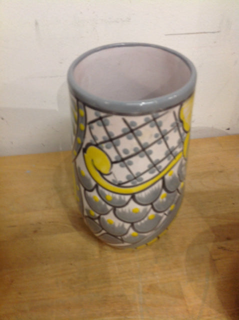 Vase- 8" Grey & Yellow Ceramic