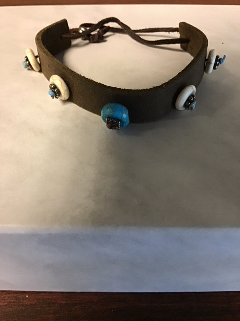Brown Leather W/Tuquoise & Bone Color Beads Bracelet
