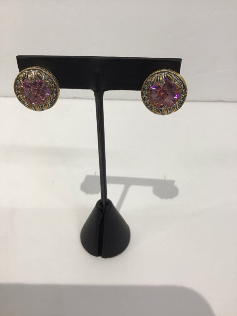 Gold/Silver Earrings w/Pink Stone