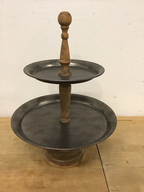 2 Tiered Pewter Metal & Wood Serving Tray