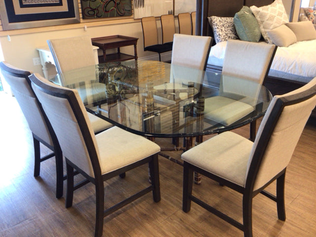 Set Of 6 Beige Fabric & Wood Dining Chairs