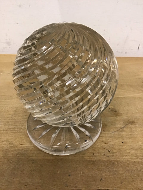 6" Clear Swirl Footed Cut Art Glass Orb