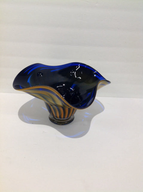 12" Art Deco Blue/Orange Abstract Glass Bowl