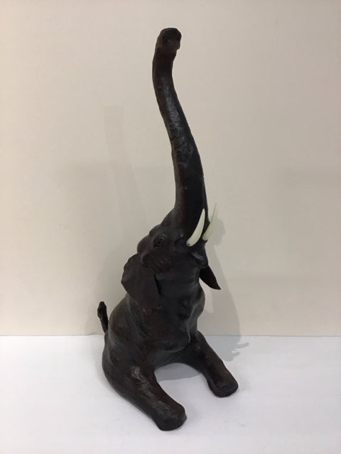 21" Sitting Leather Elephant w/Raised Trunk