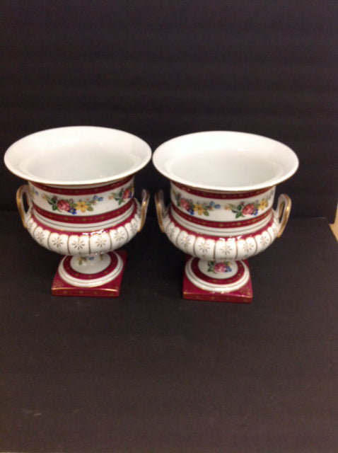 Pair 9" Vtg Hand Painted Porcelain Urns