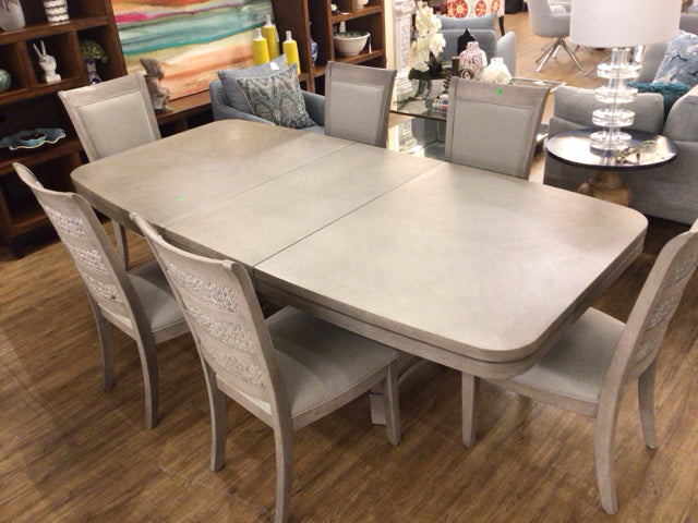 AS-IS RTG Grey Wood Dining Table W/6 Chairs/1 Leaf