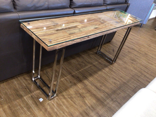 65" X 17" Modani Wood & Chrome Glass Top Console Table