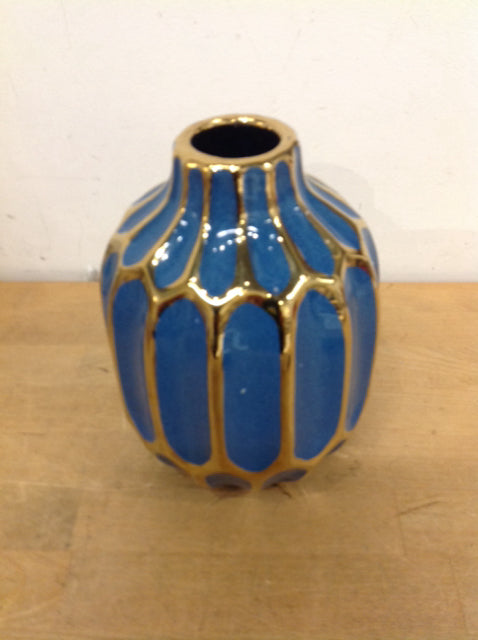 Vase - 8" Blue & Gold Ceramic