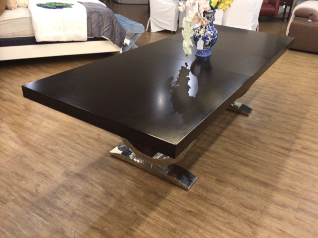 Dark Wood Chrome Base Dining Table W/1 Leaf