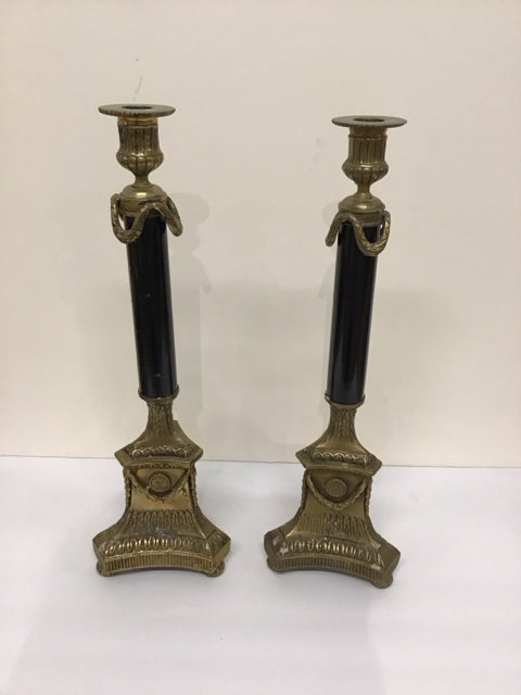 17" Pair Black Stone w/Metal Column Candlesticks