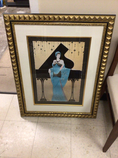 28" X 34 1/2"  Gold Framed Woman & Piano Print On Board