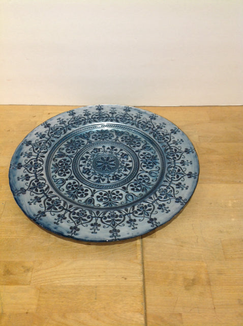 15" Round Decorative Blue Painted Glass Plate