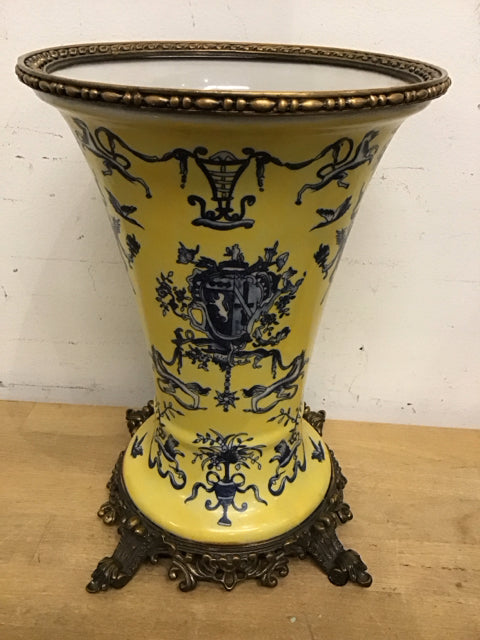 11" Chinoiserie Yellow W/Mythical Creatures & Brass Base Vase