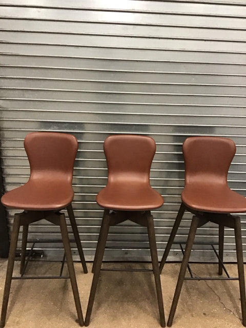 Set Of 3 Mater Shell Brown Leather Swivel Bar Stool