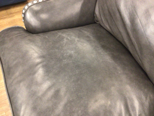 AS-IS Grey Leather Slope Arm Sofa W/Silver Nailheads(Light Wear)