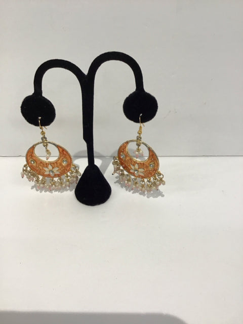 Orange Enamel Earrings w/Dangling Pearls