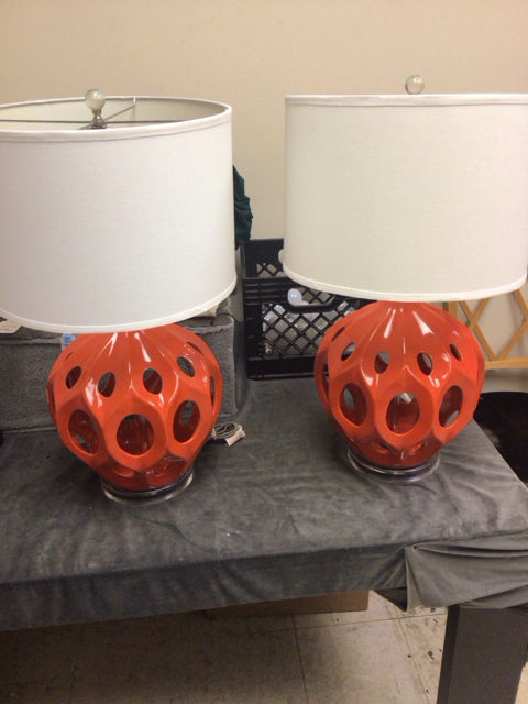 Pair Of Safavieh Regina Orange Ceramic Table Lamps W/Shades