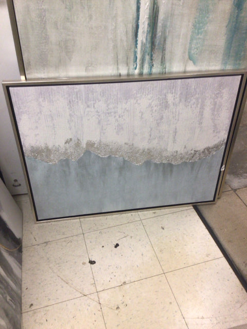 38" X 28 1/2" White/Silver Textured Abstract Framed Print On Canvas