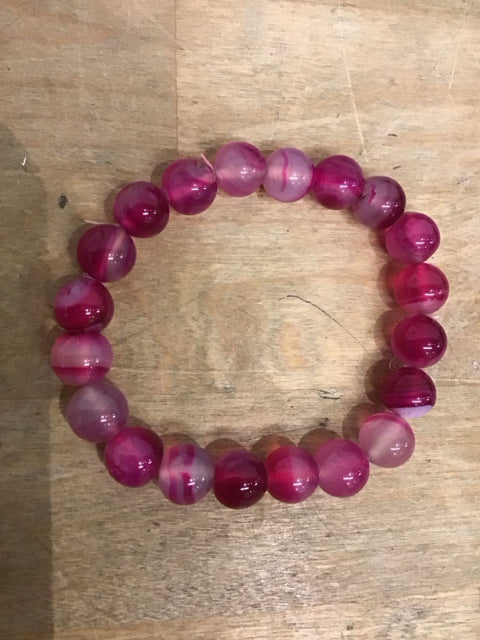 Pink Banded Agae Beaded Stretch Bracelet