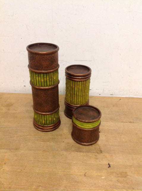 Graduated 3 Set Hammered Copper/Green Candle Holders