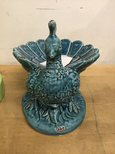 9.5" Turquoise Ceramic Peacock Dish