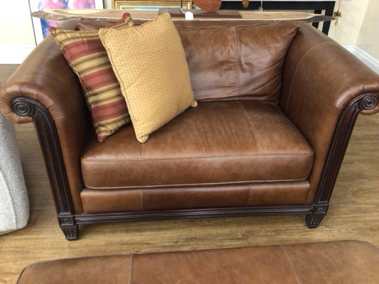 Bernhardt Leather Wood Trim Rolled Arm Love Seat