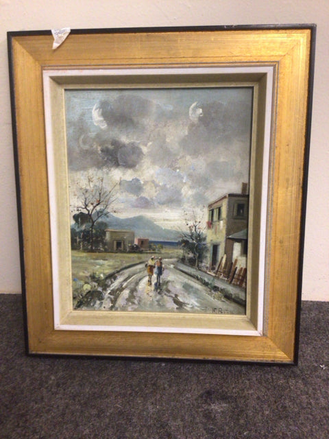12" X 14" Black & Gold Framed Couple Walking Oil Painting On Board