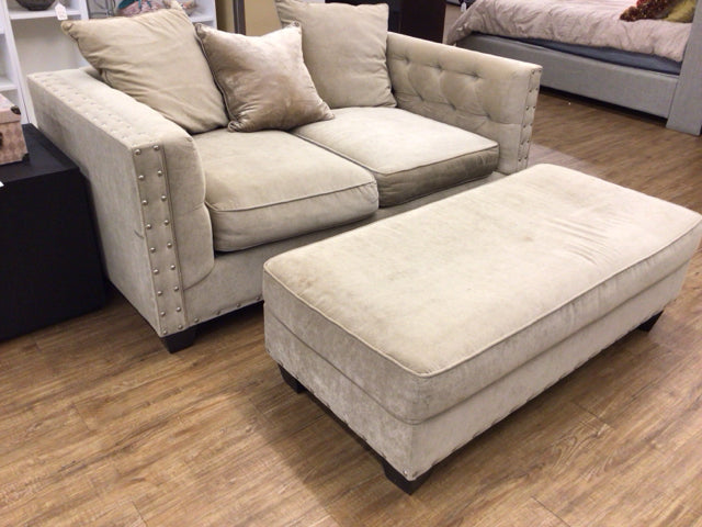 Tan Button Tufted Fabric Love Seat & Ottoman W/3 Pillows